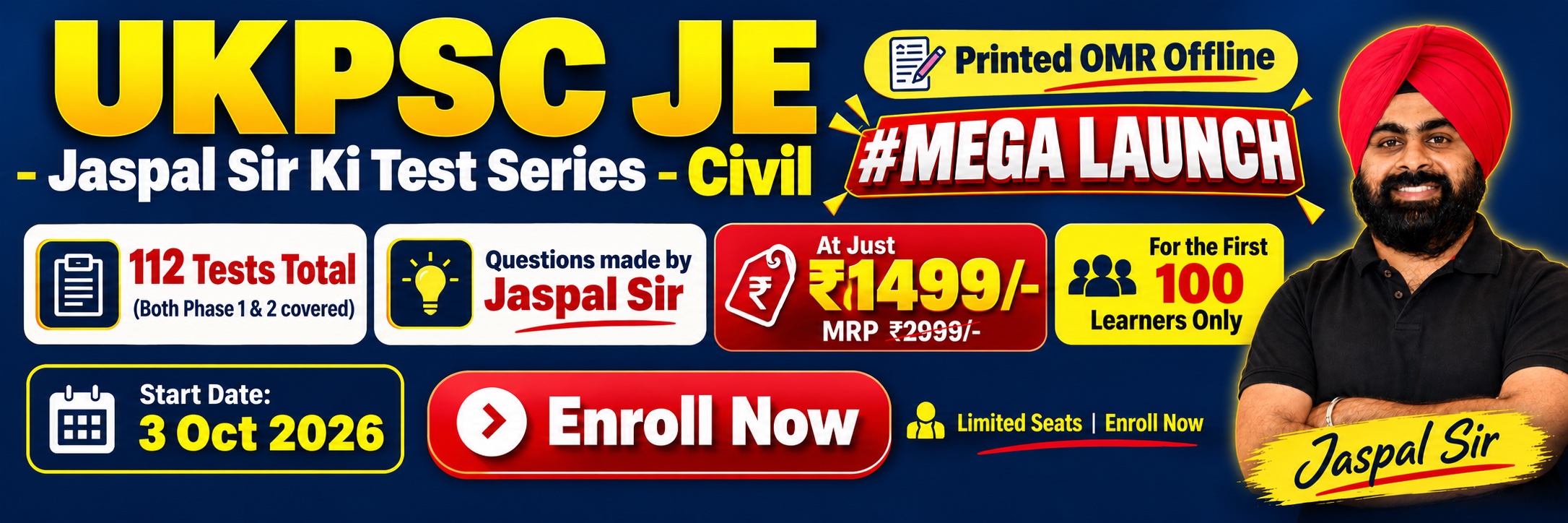 UKPSC JE - Jaspal Sir Ki Test Series - Civil - Printed OMR Offline - Mega Launch - 112 Tests - ₹1499 - Starts 3 October 2026 - by Dr. Jaspal Singh